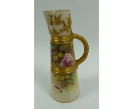 EARLY TWENTIETH CENTURY ROYAL WORCESTER HAND PAINTED CHINA JUG, signed F. Ward, of ribbed tapering form with rustic gilt scro