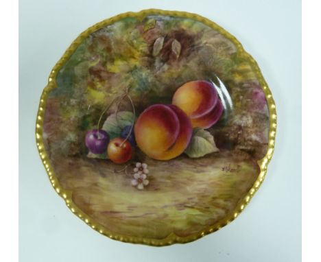 ROYAL WORCESTER 'HAND PAINTED FRUIT STUDY' CHINA SMALL CABINET PLATE, signed J. Sherrett, typical form with moulded gilt rim,