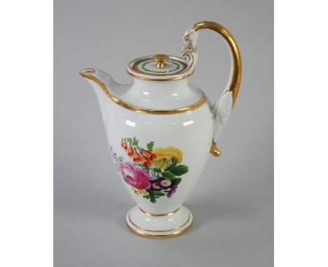 MEISSEN EMPIRE PORCELAIN COFFEE POT of tall shouldered ovular form having circular flat lid with gilt knop finial, raised 'C'