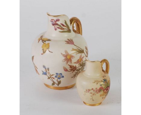 A CIRCA 1890 ROYAL WORCESTER PORCELAIN SQUAT JUG, decorated with wild flowers on an ivory ground enriched with gilding, regis