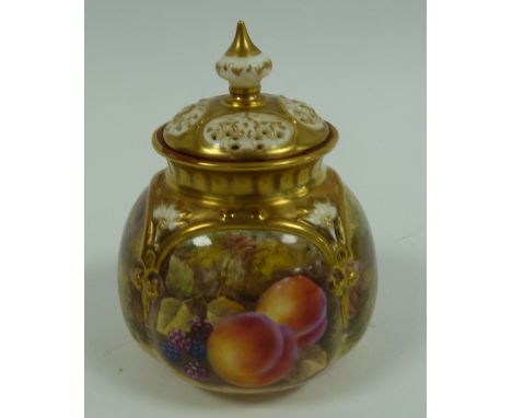 ROYAL WORCESTER 'HAND PAINTED FRUIT STUDY' CHINA POT POURRI VASE and cover, signed J. Sherrett, of squat, lobated form with p