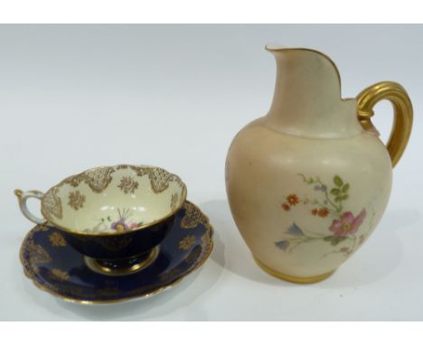 NINE PIECES OF VICTORIAN AND LATER ROYAL WORCESTER CHINA COMPRISING; FLORAL PRINTED BLUSH JUG, with moulded gilt handle, 6" (