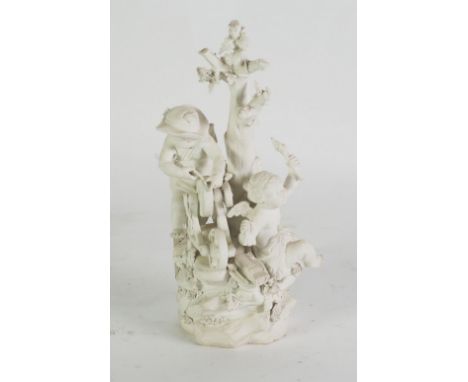 A LATE EIGHTEENTH CENTURY DERBY BISCUIT PORCELAIN MODEL OF TWO WINGED CHERUBS, one sharpening an arrow, the other holding two