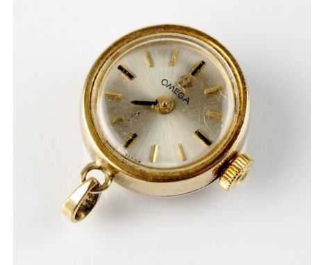 A Lady's 9ct gold Omega pendant watch, the circular silvered dial with batons, manual wind, with pendant lug, lacking one han
