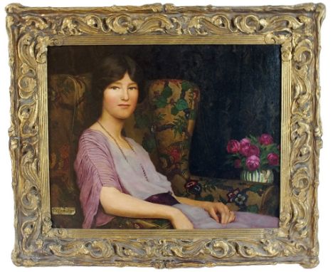 Gilbert Anthony Powell (1877-1960)
Lady seated in a tapestry armchair
signed lower left and dated 1923
Inscribed on the rever