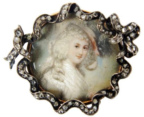 English School (19th Century)
Portrait Miniature of a lady, wearing a large hat and white shawl,
approx 2.5cm in diameter to 