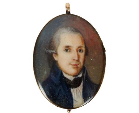 English School (late 18th century)
Portrait Miniature of a gentleman, wearing a wig, black stock and blue jacket,
4cm high, o