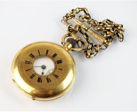 An Omega 18k gold half hunter pocket watch, the white enamel dial with black Roman numerals and subsidiary seconds dial, the 