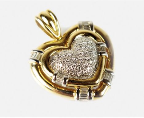 A heart shaped diamond set pendant, designed as a brilliant cut diamond set white metal heart, within a surround of two yello