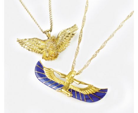 A lapis lazuli Egyptian pendant, depicting the goddess Ma'at in yellow metal with lapis lazuli set wings, suspended from yell