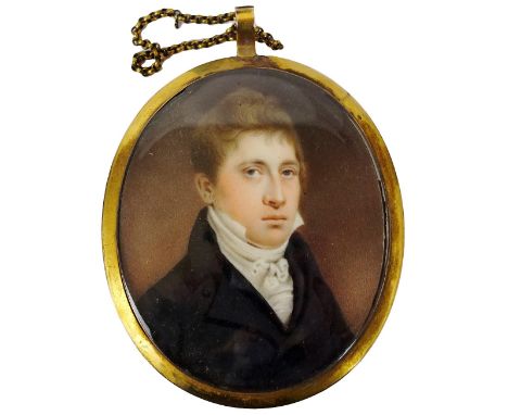 English School (early 19th century)
Portrait Miniature of a Gentleman wearing a white stock and black coat,
6.8cm high, oval