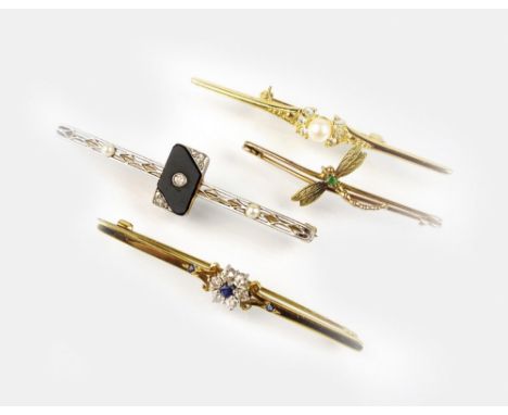 An Art Deco onyx, seed pearl and diamond bar brooch, the reverse stamped '15ct', together with an 18ct gold sapphire and diam