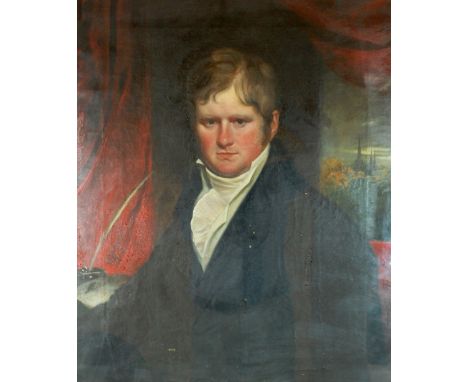 British School, mid 19th century
Portrait of a gentleman, half length seated wearing a black coat and white stock
oil on canv