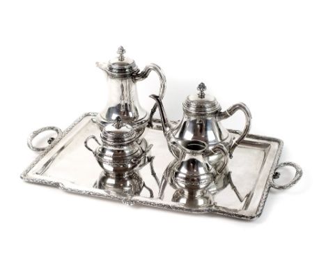 A four piece continental silver tea service and tray, each piece of circular form with chased decorative border, comprising; 