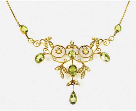 An early 20th century peridot and seed pearl necklace, designed as six oval and round mixed cut peridots collet set within a 