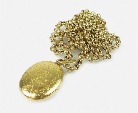 A 9ct gold belcher link chain, with lobster claw fastening, suspending yellow metal oval locket, stamped '18ct', total weight