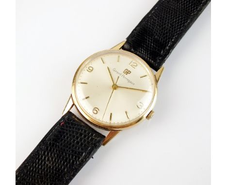 A Gentleman's 9ct gold Girard-Perregaux wristwatch, the silvered dial with Arabic numerals and batons, manual wind, engraved 