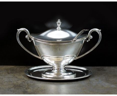 A Victorian Adams style silver sauce tureen, cover and stand, Charles Boyton, London 1892, the tureen of plain polished form 