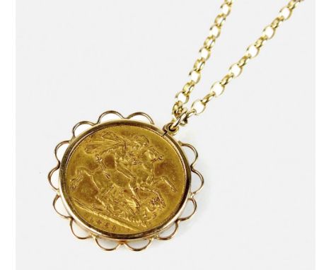 A Victoria 1898 sovereign within pendant mount, suspended on 9ct gold chain with lobster claw fastening, total weight 13.5gms