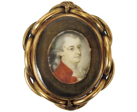 English School, late 18th century,
Portrait of a Gentleman, wearing a wig, white stock and red jacket,
3.5cm high, oval