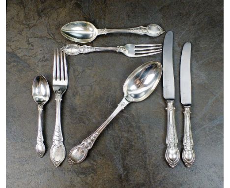 A part set of Victorian silver flatware, Henry Atkin, Sheffield 1894, comprising; six dessert spoons, three serving spoons, f