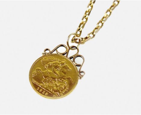 A 1913 half sovereign pendant, with attached scroll mount and 9ct gold chain, total weight 20.6gms