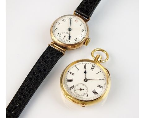 A lady's continental fob watch, the white enamel dial with black Roman numerals and subsidiary seconds dial, the gilt keyless