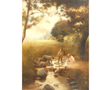 J.W.Mills (British, 19th century)
Children playing in a stream
signed lower left, dated '96
oil on canvas
68 by 49 cm