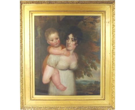 British School, early 19th century
Portrait of a lady carrying a baby, half length wearing a white dress
oil on canvas
77 by 