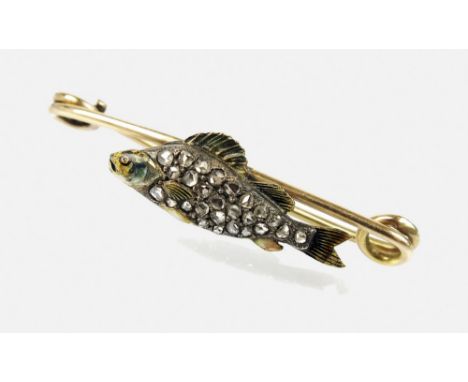 A rose cut diamond and enamel Perch fish bar brooch, mounted to later bar with attached safety chain, weight 4.2gms