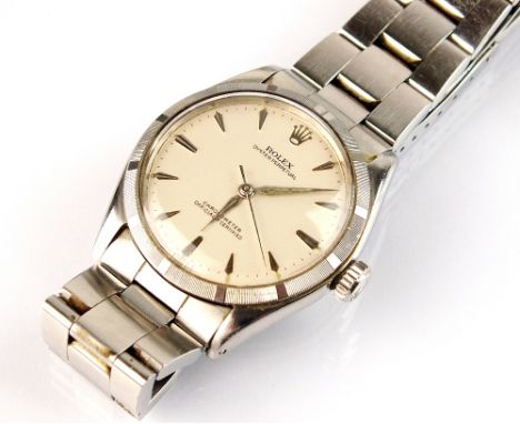 A Gentleman's Rolex stainless steel Oyster Perpetual Chronometer wristwatch, circa 1950, the silvered dial with Arabic numera