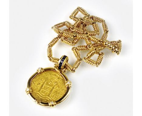 An 8 Escudos coin pendant, collet set within yellow metal mount set with four brilliant cut diamonds, all suspended from squa