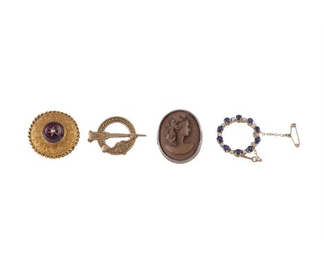 A MISCELLANEOUS COLLECTION OF BROOCHESIncluding a cameo brooch, a sapphire and diamond circular brooch, a Celtic style brooch