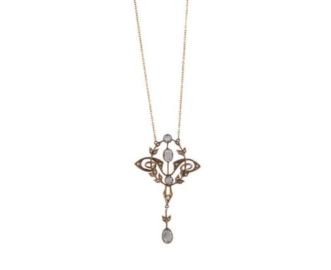 AN AQUAMARINE AND SEED PEARL NECKLACEA pendant on chain, set with two round and two oval-cut aquamarines and seed pearls, mou
