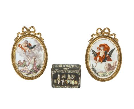 A LAQUERED AND MOTHER OF PEARL SCENT CADDY, decorated in the oriental manner;together with a matched pair of painted oval por