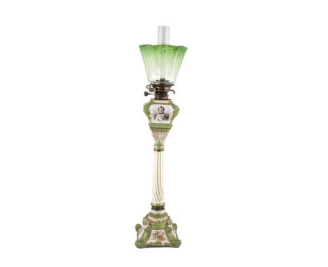 A LATE 19TH CENTURY SEVRES PORCELAIN OIL LAMP, in the form of a Corinthian Column, the reservoir painted with musical and arm