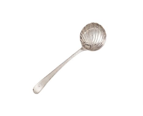 A GEORGE III SILVER SAUCE LADLE, London 1779, mark of Hester Bateman, with scallop shell bowl, and feathered tapering handle 