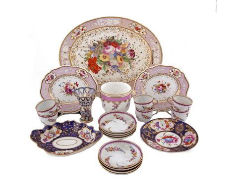 A PAIR OF CHAMBERLAIN WORCESTER FLORAL PAINTED OVAL DISHES, with pink and gilt borders, factory mark verso New Bond Street Lo