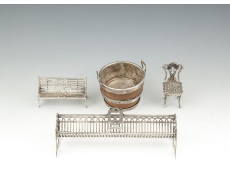 A SMALL COLLECTION OF SILVER MINIATURE FURNITURE, comprising a trough, a garden bench and a side chair; together with an oak 