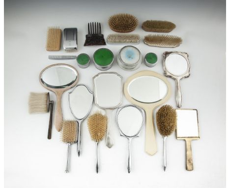 A LARGE COLLECTION OF 19TH CENTURY SILVER AND ENAMEL BACKED VANITY BRUSHES AND MIRRORS, of varying designs
