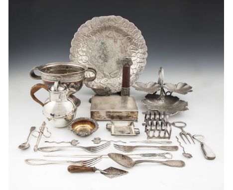 A LARGE COLLECTION OF SILVER PLATED WARE, including an EPNS copy of the Ardagh Chalice, a large floral moulded circular dish,