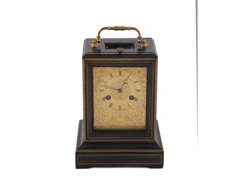 A FRENCH 19TH CENTURY EBONISED AND BRASS MOUNTED CASED CARRIAGE CLOCK, by Martin, Baskett & Co., Paris, with striking movemen