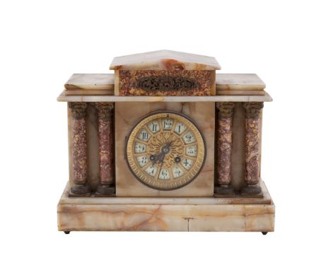 AN ONYX MANTLE CLOCK, of architectural form with applied brass mounts. 26.5cm high