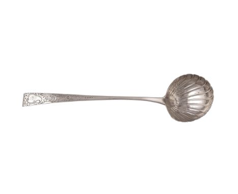 AN IRISH GEORGE III HOOK BACK SOUP LADLE, Dublin 1775, mark of Michael Homer, with stylised scallop shell bowl, the tapering 