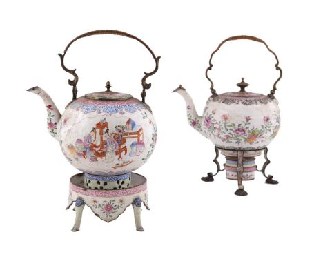 TWO CHINESE CANTON ENAMEL TEA KETTLE on stand each with brass and wicker swing handle with detachable top and globular body p