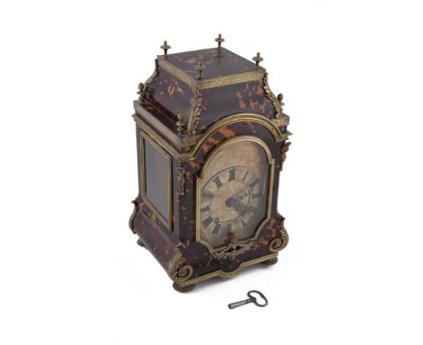 A 19TH CENTURY GERMAN TORTOISESHELL AND ORMOLU MANTEL CLOCK, of architectural form, the case with applied cast brass mounts i