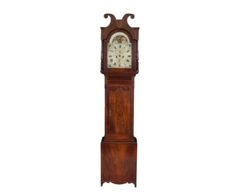 AN EARLY 19TH CENTURY INLAID MAHOGANY LONGCASE CLOCK, the hood surmounted with twin outturned scrolls with brass rosettes enc