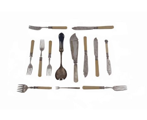 A LARGE MISCELLANEOUS COLLECTION OF SILVER PLATED FLATWARE, including bone handled fish knives and forks, novelty teaspoons, 