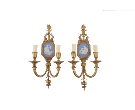 ***PLEASE NOTE ESTIMATE SHOULD READ €400 - 600 IN PRINTED CATALOGUE***A PAIR OF GILTMETAL AND JASPERWARE TWO BRANCH WALL SCON