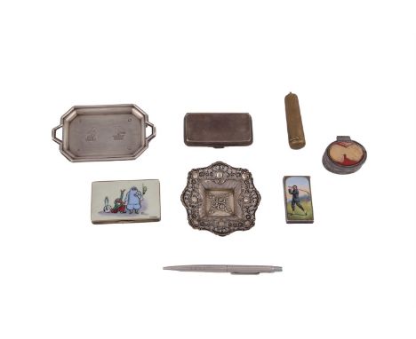 A COLLECTION OF SILVER AND OTHER CURIOSITIES, including:- a silver gilt and enamelled card case, London import marks, the hin